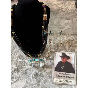 Vintg Thomas Singer navajo turquoise silver 5 pc necklace ring bracelet earrings